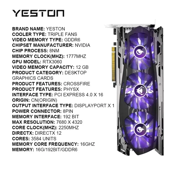 Yeston Used NVIDIA Graphics Card Geforce RTX 3060 12G placa de video 3060 GDDR6 192bit Video Card RGB Computer Desktop GPU rtx - Image 6