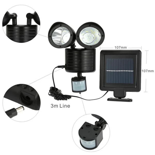 Waterproof Security Solar Motion Sensor Lights Double Heads Outdoor Solar Lights 22LED, Adjustable Courtyard Door Light - Image 6