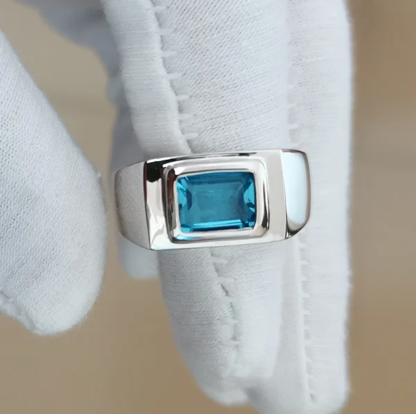 Natural Blue Topaz Men Ring Silver 925 Band 7x9mm Emerald Cut Gemstone December Birthstone Jewelry R509BTN - Image 2