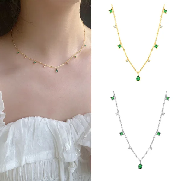 Green Zircon Pendant Necklace Women Simple Temperament Exquisite Gold Silver Color Clavicle Chain Necklace Fashion Jewelry Gifts