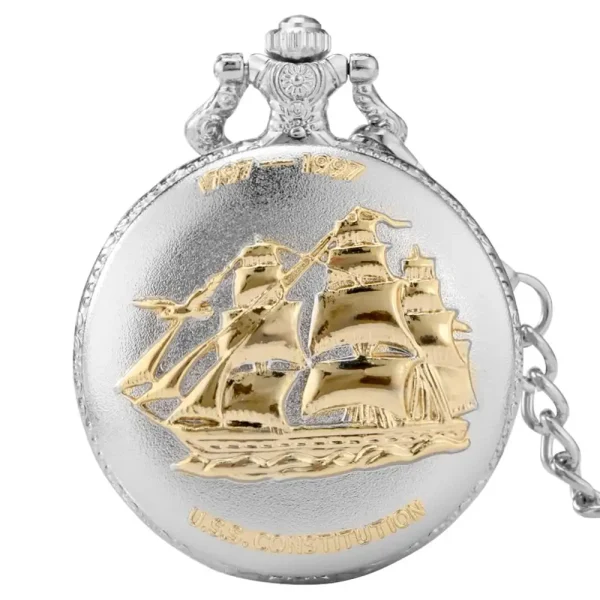 Luxury Gold Model Military Series U.S Navy USS Constitution Sail Frigate Quartz Pocket Watch FOB Necklace Chain Watch for Men - Image 7