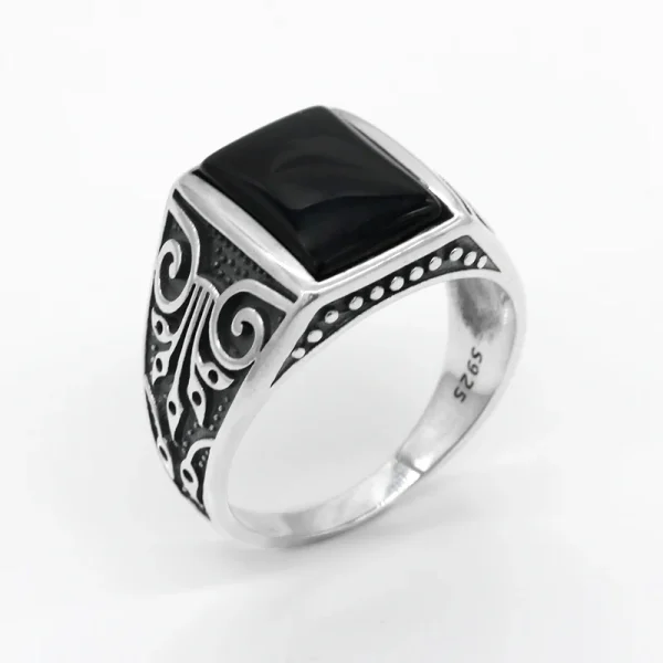 S925 Sterling Silver Natural Black Agate Stone Men Ring S925 Thai Silver Onyx Fine Jewelry Rings for Party Wedding Gifts