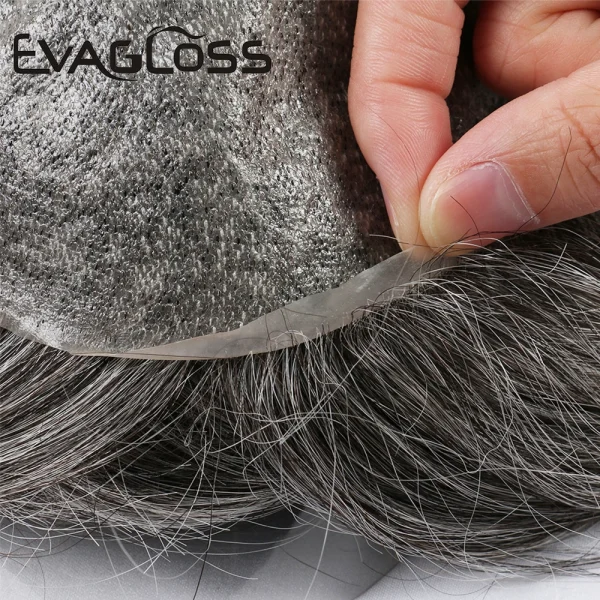 V Loop Grey Hair Men Toupee 0.08-0.1mm Skin PU Human Remy Hair Prosthesis Wig Full Skin PU Hairpiece Men Toupee Hair Replacement - Image 4