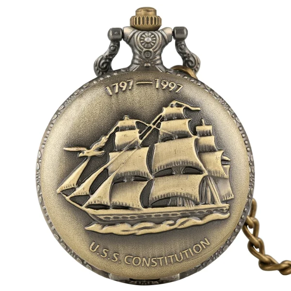 Luxury Gold Model Military Series U.S Navy USS Constitution Sail Frigate Quartz Pocket Watch FOB Necklace Chain Watch for Men - Image 8