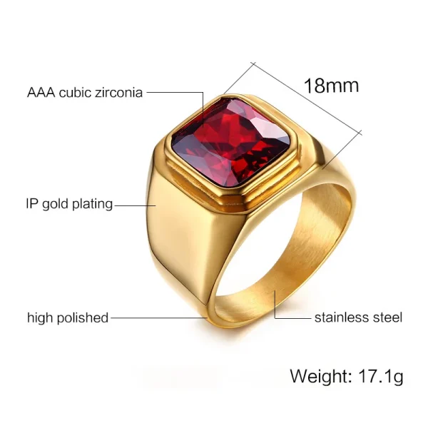 Vnox Casual Men Ring Red CZ Stone Square Top Stainless Steel Gold Color Daily Male Alliance Jewelry Size - Image 5