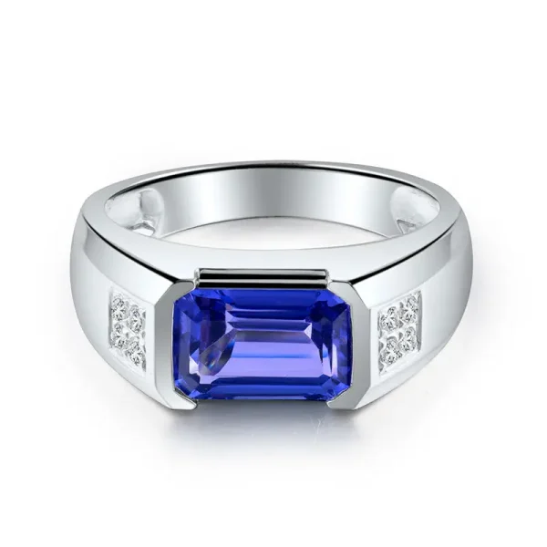 LOVERJEWELRY Men Tanzanite Rings Simple Design 100% Style Natural Tanzanite Wedding Ring Real 18K White Gold Pretty Diamond Ring