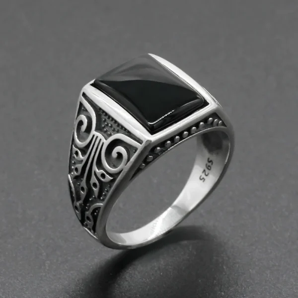 S925 Sterling Silver Natural Black Agate Stone Men Ring S925 Thai Silver Onyx Fine Jewelry Rings for Party Wedding Gifts - Image 2