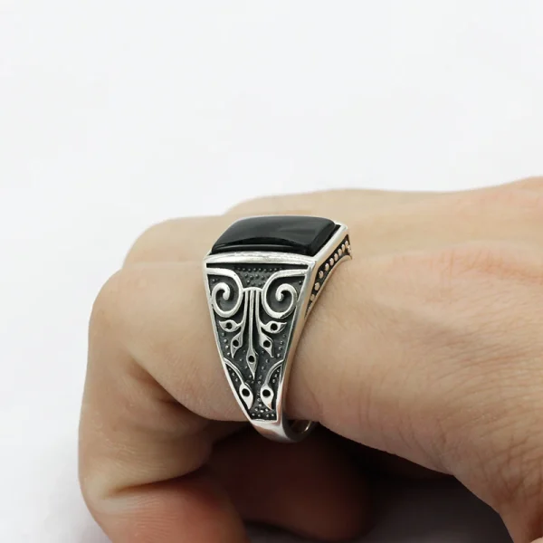 S925 Sterling Silver Natural Black Agate Stone Men Ring S925 Thai Silver Onyx Fine Jewelry Rings for Party Wedding Gifts - Image 5