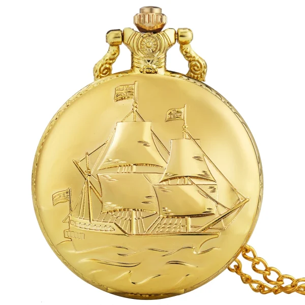 Luxury Gold Model Military Series U.S Navy USS Constitution Sail Frigate Quartz Pocket Watch FOB Necklace Chain Watch for Men - Image 9