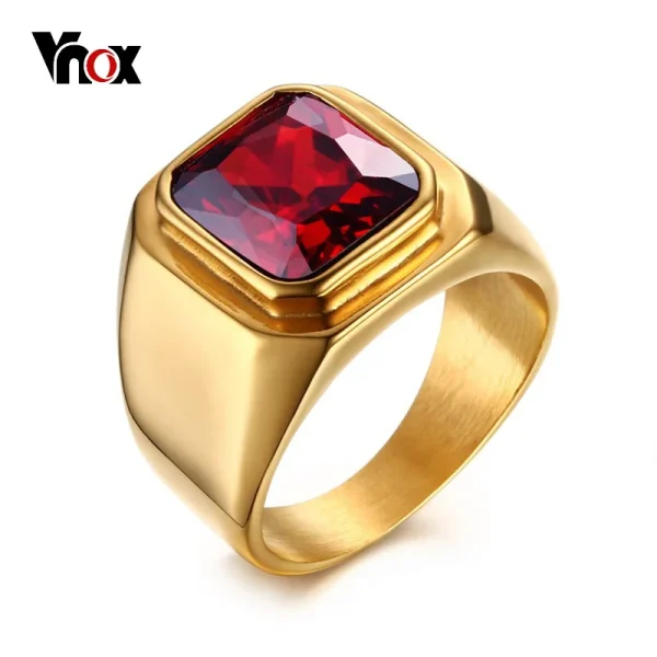 Vnox Casual Men Ring Red CZ Stone Square Top Stainless Steel Gold Color Daily Male Alliance Jewelry Size