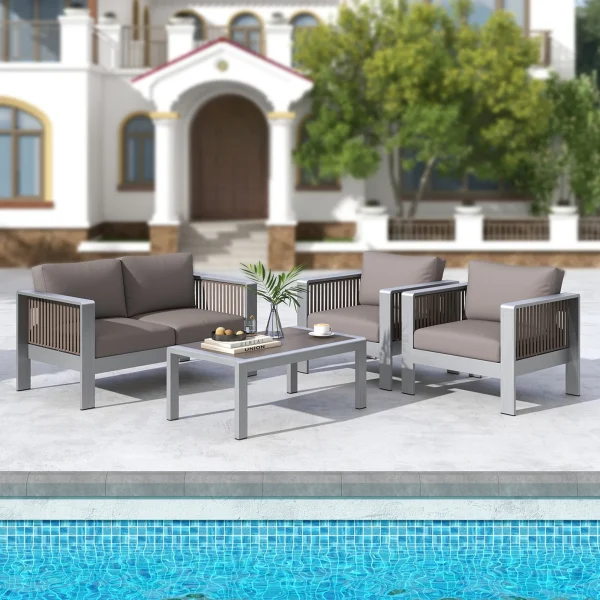 4 PCS Aluminum Patio Furniture Set with Thick Cushions & Tempered Glass Tabletop - Image 5