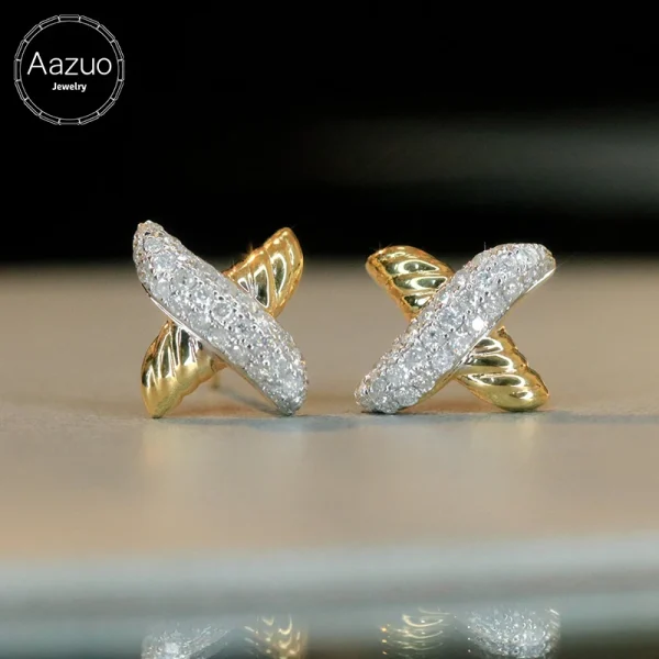 Aazuo Original Design 18K Yellow Gold Real Diamonds Fairy Letter X Stud Earring Gift For Women Engagement Dinner Party Au750