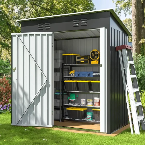 Garden Shed with Updated Frame Structure and Lockable Doors, Metal Tool Sheds for Backyard Garden Patio Lawn, Grey - Image 8