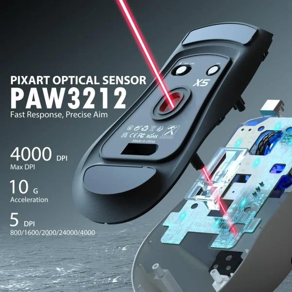 ATTACK SHARK X5 Tri-Mode Wireless Rechargeable Gaming Mouse, 49g Lightweight PAW3212 Optical Sensor GB LED Honeycomb Mouse - Image 12