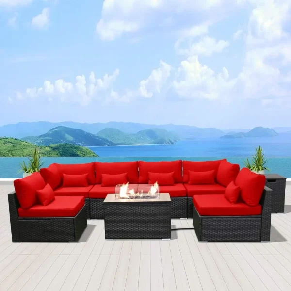 Patio Furniture Sectional Sofa with Gas Fire Pit Table Outdoor Patio Furniture Sets Propane Fire Pit (red-Rectangular Tab - Image 5