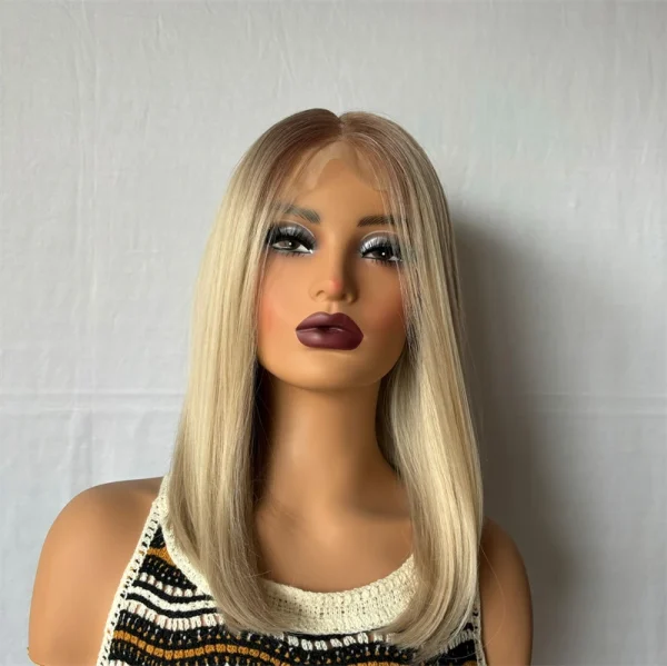 Ash Blonde Highlight Color Short Straight Bob Lace Front Wigs For Women Long Synthetic Hair Wig Dark Roots 13x4 Lace Frontal Wig