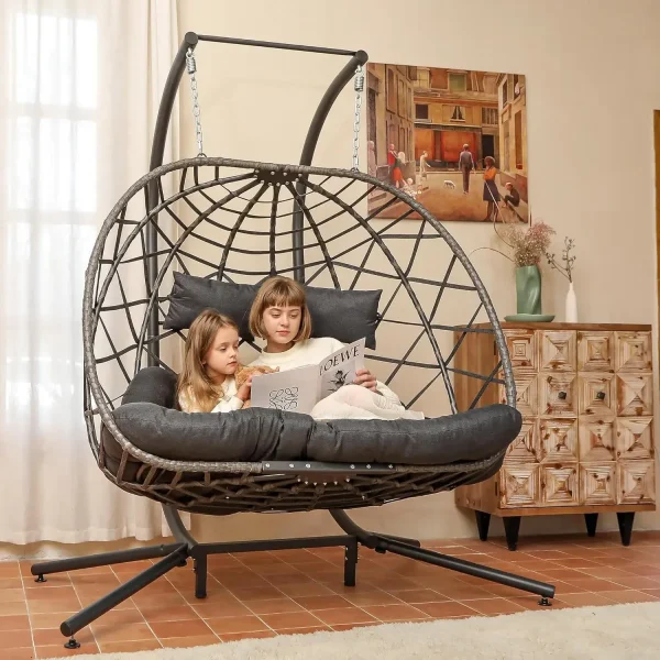 Double Egg Swing Chair w/Stand, 2 Person Wicker Hanging Chair, Outdoor Indoor Oversized Hammock Chair w/ Cushion for Patio Porch - Image 14