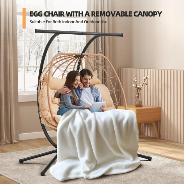 Double Egg Chair with Adjustable Canopy, Oversized Hanging Swing Chair, Cushion Basket Hammock Nest Chair, Outdoor Patio, Garden - Image 12