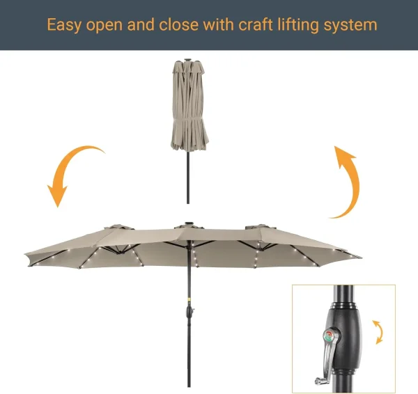 15ft Large Patio Umbrella with Solar Lights with 12 Sturdy Ribs UV Protection for Garden, Backyard, Pool(No Base) - Image 3