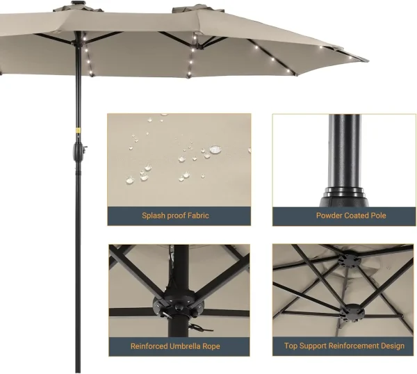 15ft Large Patio Umbrella with Solar Lights with 12 Sturdy Ribs UV Protection for Garden, Backyard, Pool(No Base) - Image 4