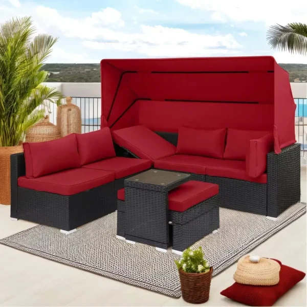 7 Pieces Patio Furniture Sets Daybed with Retractable Canopy,Rattan Sectional Sofa Set, Wicker Patio Seating Chairs - Image 8