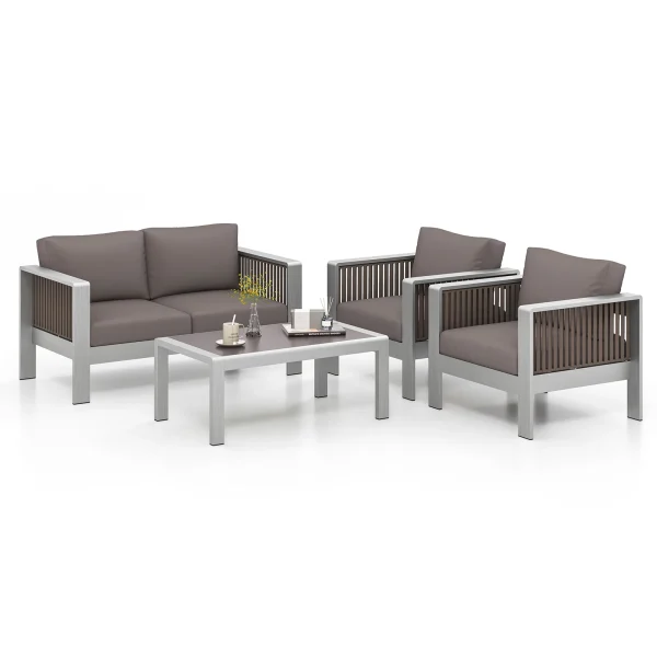 4 PCS Aluminum Patio Furniture Set with Thick Cushions & Tempered Glass Tabletop - Image 7