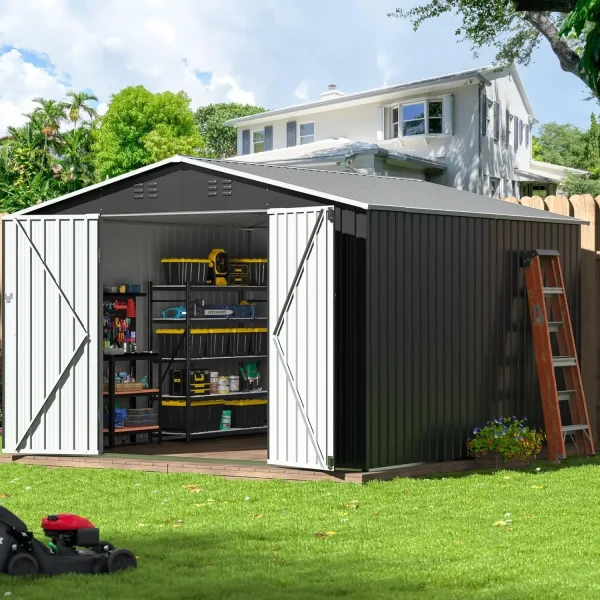 Garden Shed with Updated Frame Structure and Lockable Doors, Metal Tool Sheds for Backyard Garden Patio Lawn, Grey - Image 10