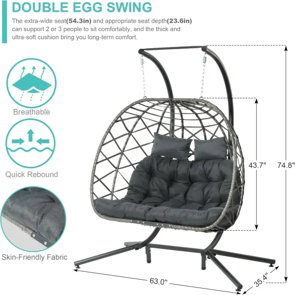 Double Egg Swing Chair w/Stand, 2 Person Wicker Hanging Chair, Outdoor Indoor Oversized Hammock Chair w/ Cushion for Patio Porch - Image 9