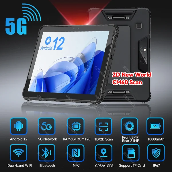 5G Industrial Android 12 Tablet Rugged PDA Triple Defence with Fingerprint Unlock 1D 2D QR Scanner Data Collector for Warehouse - Image 7