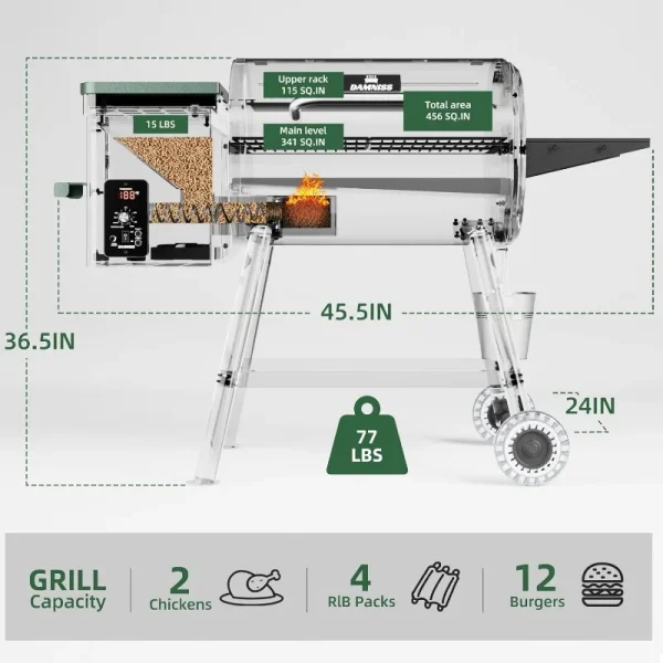 Pellet Smoker Grill Combo, 8-in-1 Electric Outdoor Grill and Smoker, 456 Square Inches with PID Temperature Control (180-450°F) - Image 8