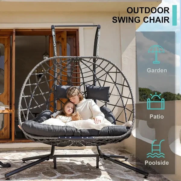 Double Egg Swing Chair with Stand, 2 Person Outdoor Indoor Hammock Hanging Chair with Cushion for Patio Living Room 550 - Image 3