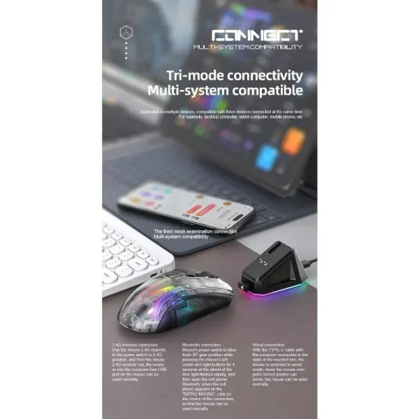 Attack Shark X2 Pro Magnetic Charging Bluetooth Mouse, Tri-Mode , RGB Lights, Transparent, Battery Indicator, Computer Phone - Image 11