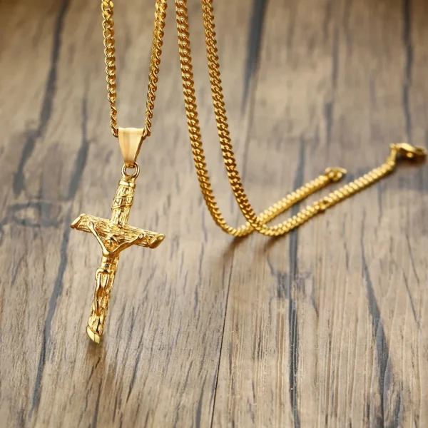 Stainless Steel Cross Necklace Catholicism Jesus Pendant Gold Color Collar Church Prayer Faith Jewelry for Men Women Gift - Image 2