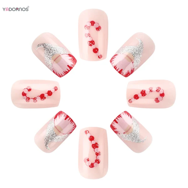 2025 Red Fake Nails with Gnome Snowflake Printed Short Square Press on Nails Glossy Sequins Charms Manicure for Women Girls - Image 11