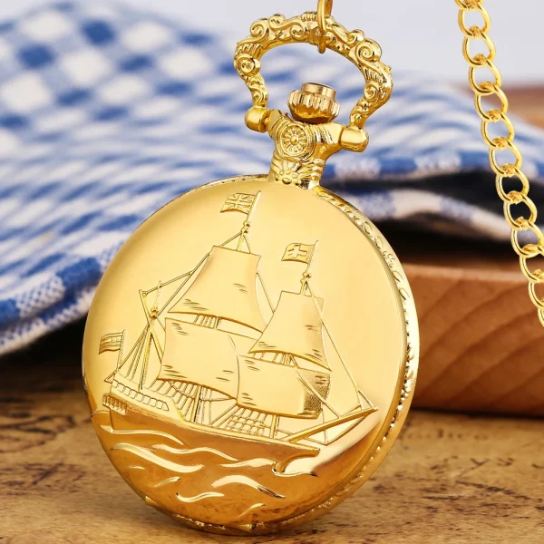 Luxury Gold Model Military Series U.S Navy USS Constitution Sail Frigate Quartz Pocket Watch FOB Necklace Chain Watch for Men