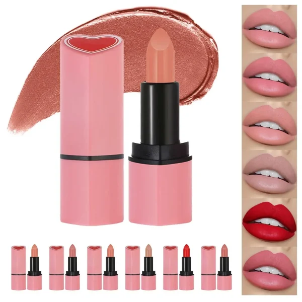 Cute Love Heart Lipstick Velvet Matte Nude Lipstick Pink Red Waterproof Lasting Lipsticks Stain Lip Balm Set Lip Tint Makeup - Image 2