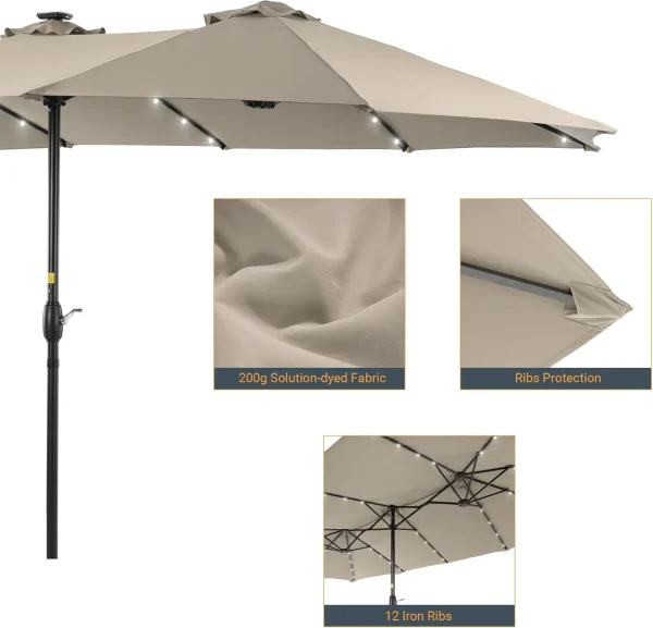 15ft Large Patio Umbrella with Solar Lights with 12 Sturdy Ribs UV Protection for Garden, Backyard, Pool(No Base) - Image 6