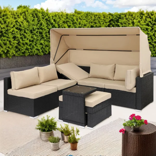 7 Pieces Patio Furniture Sets Daybed with Retractable Canopy,Rattan Sectional Sofa Set, Wicker Patio Seating Chairs - Image 7