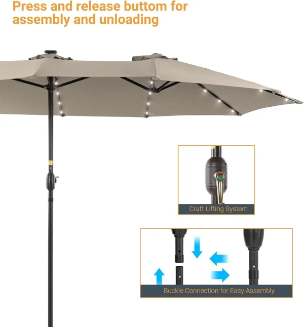 15ft Large Patio Umbrella with Solar Lights with 12 Sturdy Ribs UV Protection for Garden, Backyard, Pool(No Base) - Image 5