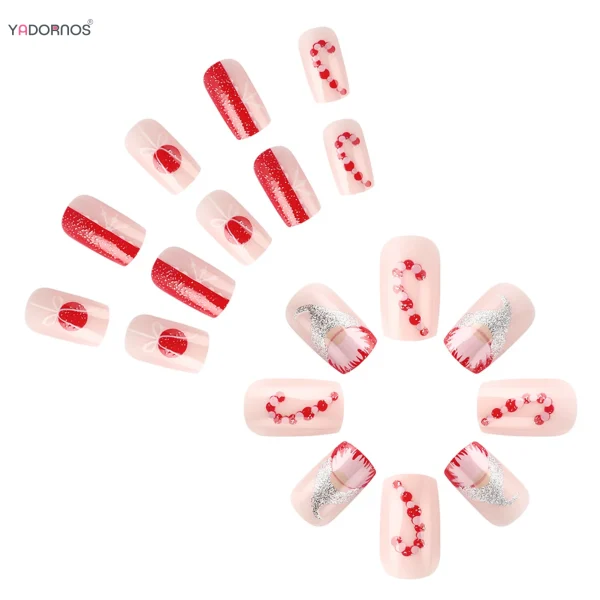 2025 Red Fake Nails with Gnome Snowflake Printed Short Square Press on Nails Glossy Sequins Charms Manicure for Women Girls - Image 10