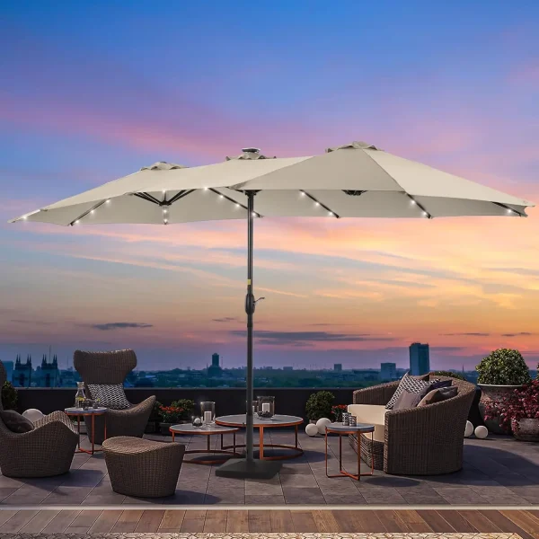 15ft Large Patio Umbrella with Solar Lights with 12 Sturdy Ribs UV Protection for Garden, Backyard, Pool(No Base)