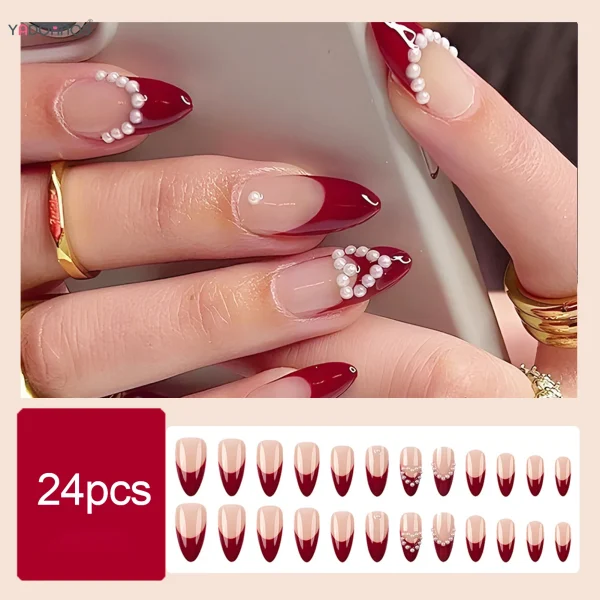 24Pcs Almond Fake Nails Red French Style Press on Nails Pearls Love Heart Designs Women Charms Manicure Full Cover Nails Tips - Image 10