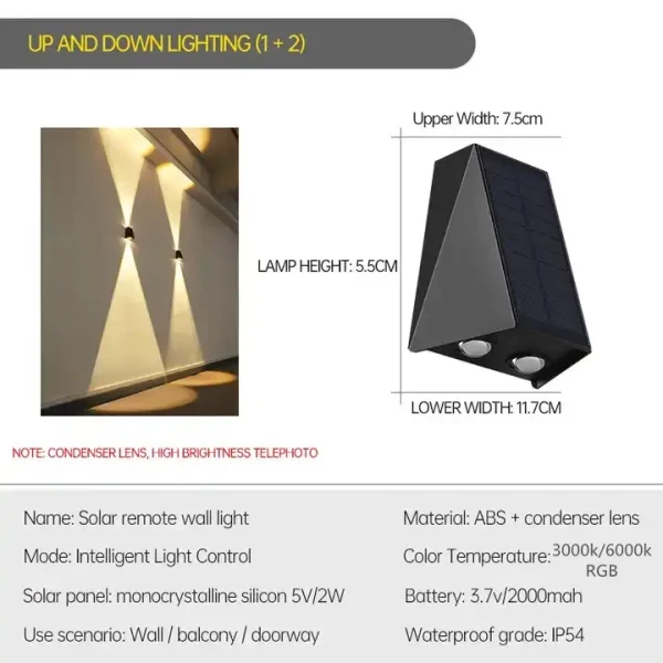 Outdoor LED Solar Wall Light ABS Garden IP54 Waterproof Decoration Wall Light Solar Panel Up and Down Wall Lamp Street Lamps - Image 10