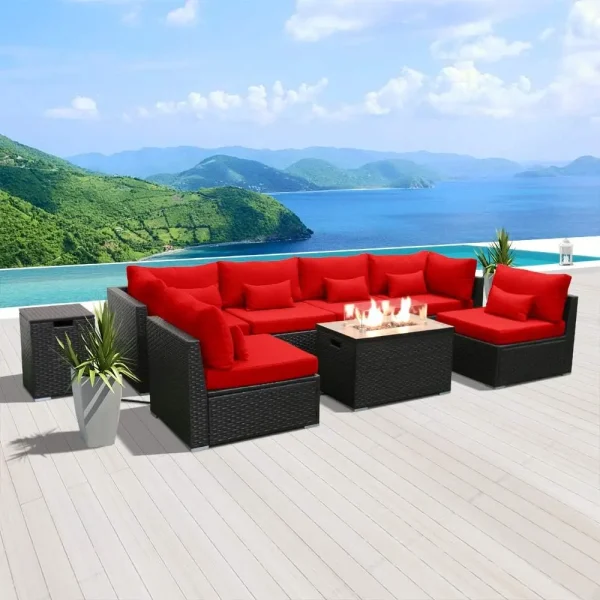 Patio Furniture Sectional Sofa with Gas Fire Pit Table Outdoor Patio Furniture Sets Propane Fire Pit (red-Rectangular Tab - Image 2