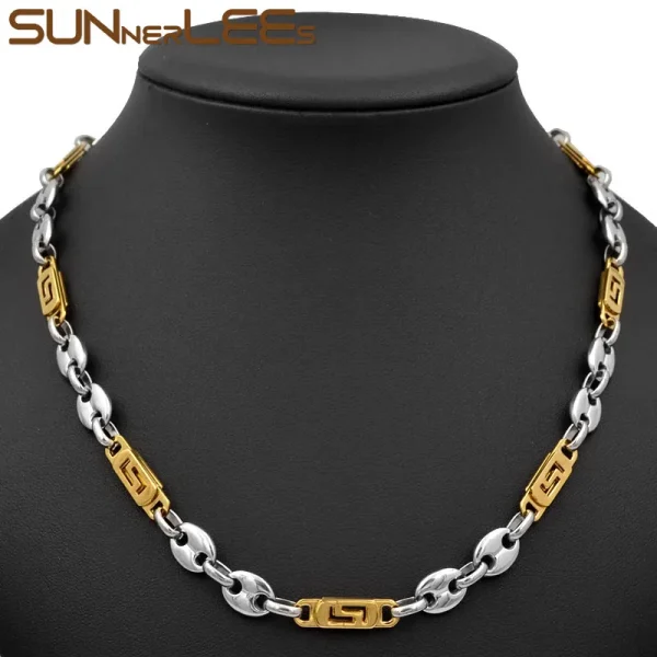 SUNNERLEES Jewelry Stainless Steel Necklace Bracelet Set 8mm Coffee Beans Link Chain Silver Color Gold Plated Men Women SC104 S - Image 3