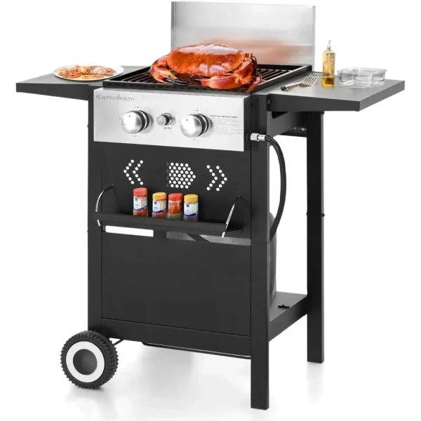 2 in 1 Propane Gas BBQ Grill with Cast Iron Plate, 2-Burner Flat Top Grill, 20,000 BTU Output Small Barbecue Grill