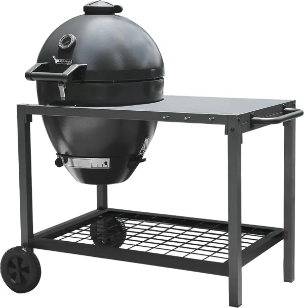 Charcoal Grills with Table Cart, Rodeo Deluxe Steel Kamado Grill and Smoker 22in Cast Iron Cooking Grids Perfect for Outdoor Coo