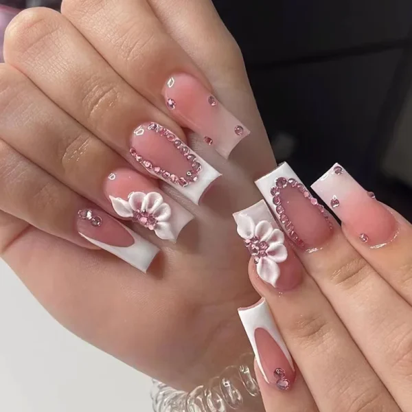 24pcs Long Ballerina French Fake Nails Pink Diamond Sweet Flower Wearing False Nails Full Cover Press on Nails DIY Detachable - Image 11