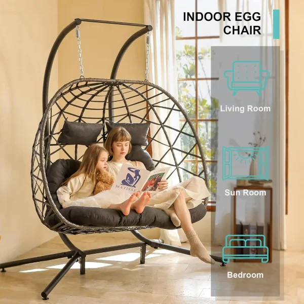 Double Egg Swing Chair w/Stand, 2 Person Wicker Hanging Chair, Outdoor Indoor Oversized Hammock Chair w/ Cushion for Patio Porch - Image 11