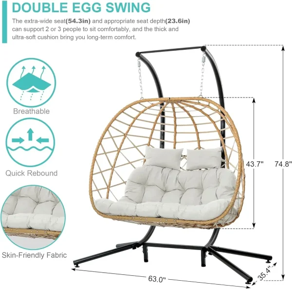 Double Egg Swing Chair w/Stand, 2 Person Wicker Hanging Chair, Outdoor Indoor Oversized Hammock Chair w/ Cushion for Patio Porch - Image 3